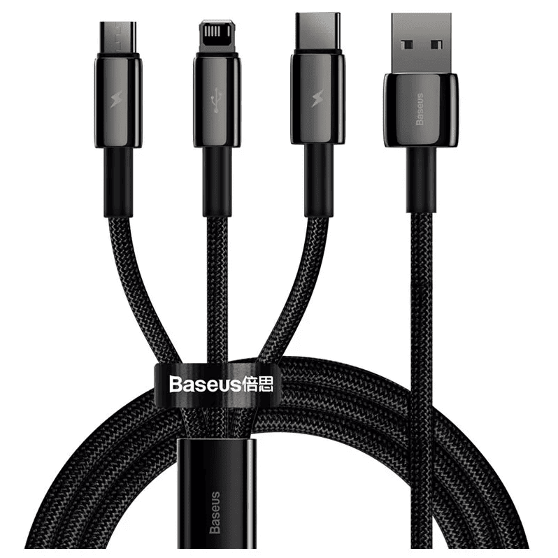 Baseus Tungsten Gold One-for-three Fast Charging Data Cable USB to M+L+C 3.5A 1.5m Black (CAMLTWJ-01)